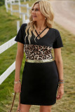 Leopard Sequin Patchwork Criss Cross V Neck Shift Mini Dress