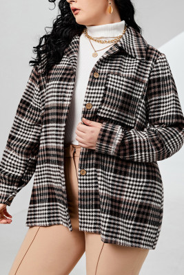 Plaid Open Button Pocket Plus Size Jacket