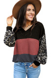 Black Wild Leopard Contrast Sleeve Colorblock Waffle Knit Top