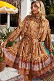 Orange Boho Floral Print Bishop Sleeve Mini Dress