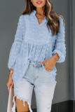Blue Ruffled Split Neck Lace Hollow Out Puff Sleeve Polka Dot Blouse