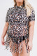 Plus Leopard Fringe Hem Short Sleeve Tankini