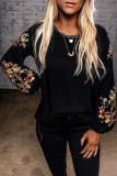 Black Floral Embroidery Long Sleeve Top