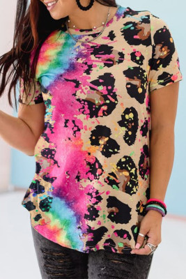 Multicolor Leopard Tie Dye Splicing T-shirt