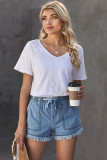 Sky Blue Casual Pocketed Frayed Denim Shorts