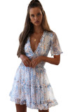 White Floral Print V Neck Ruffle Backless Mini Dress
