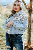 Sky Blue Plus Size Leopard Ripped Cropped Denim Jacket