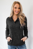 Black Heathered Turn-down Collar Pullover Sweatshirt