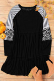 Black Striped Leopard Patchwork Long Sleeve Mini Dress
