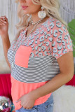 Leopard Splicing Striped Print Short Sleeve Pocket Patchwork Top Unishe Wholesale
