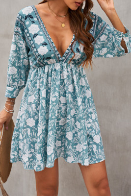 Green V Neck 3/4 Sleeve Bohemian Vintage Print Mini Dress