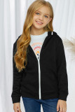 Black Zipper Hooded Girl's Coat with Pocket