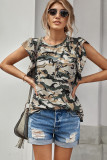 Green Camouflage Print Ruffled Cap Sleeve T-shirt
