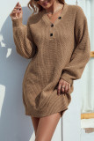 Lantern Sleeve V Neck Button Sweater Dress