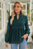 Green Ruffled Split Neck Lace Hollow Out Puff Sleeve Polka Dot Blouse