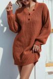 Lantern Sleeve V Neck Button Sweater Dress