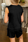 Black Solid Color Girl's Ruffle Tank and Drawstring Shorts Set