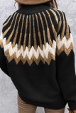 Black Stand Collar Geometric Pattern Pullover Sweater