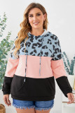 Plus Size Leopard Colorblock Splicing Hoodie with Pocket