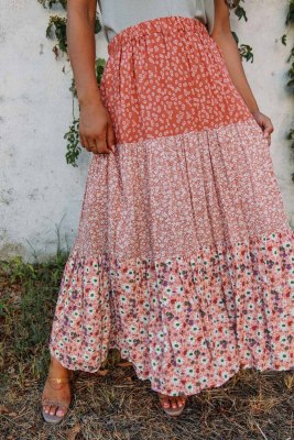 Orange Floral Patchwork High Waist Maxi Skirt