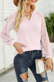 Lace Crochet Sleeves V Neck Waffle Knit Top