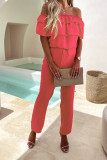 Plain Off Shoulder Ruffle Drawstring Jumpsuits
