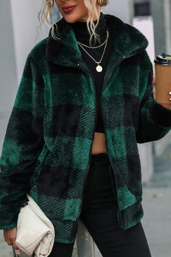 Green Plaid Stand Collar Open Zipper Pockets Fluffy Coat