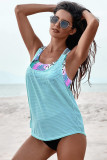 Sky Blue Printed Splicing Racerback Tankini