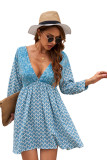 Sky Blue V Neck 3/4 Sleeve Bohemian Vintage Print Mini Dress