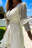 White V Neck Lantern Sleeve Elastic Waist Polka Dot Dress