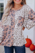 Leopard Color Block Patchwork Long Sleeve Top