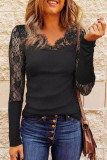 Black Lace Splicing Ribbed Long Sleeve Top