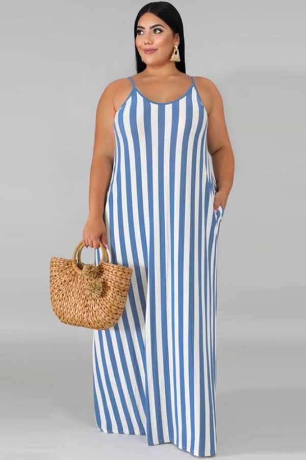 Women Sleeveless Stripe Design Plus Size Dress