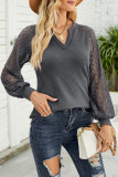 Lace Crochet Sleeves V Neck Waffle Knit Top