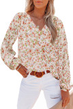 Orange Floral Print V Neck Long Puff Sleeve Top