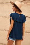 Navy Lace Splicing Ruffled Short Sleeve T-shirt