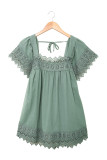 Green Lace Pom Pom Splicing Square Neck Blouse