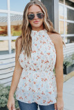 White Halter Neck Tie Waist Floral Tank
