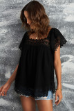 Black Lace Pom Pom Splicing Square Neck Blouse