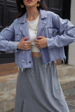 Blue Lapel Collar Raw Hem Button Open Denim Jackets