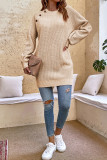 Plain Side Neck Buttons Long Length Knit Sweater Top
