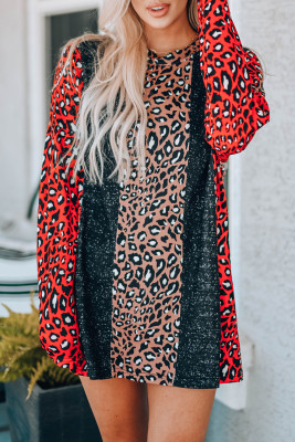 Black Long Sleeve Leopard Colorblock Tunic Top