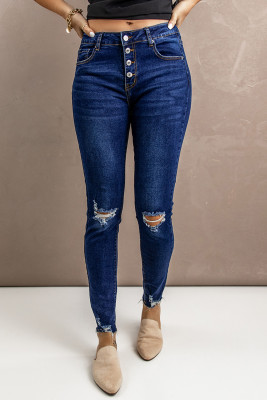 Blue Ripped Button Fly Skinny Jeans