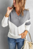 Gray Colorblock V Neck Casual Sweater