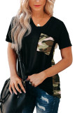 Black Women's Casual Camo Printed Splicing Pullover Pocket T-shirt