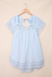 Sky Blue Lace Pom Pom Splicing Square Neck Blouse