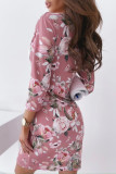 Pink Wrap V Neck Floral Midi Dress