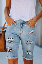 Mid-rise Ripped Leopard Patches Denim Bermuda Shorts