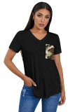 Black Women's Casual Camo Printed Splicing Pullover Pocket T-shirt
