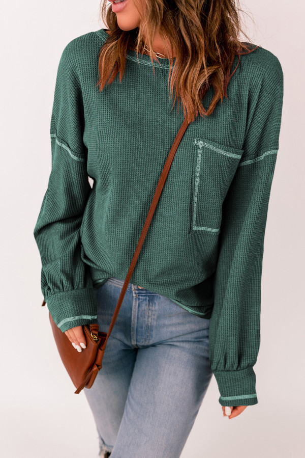 Green Contrast Stitching Trim Waffle Knit Pullover